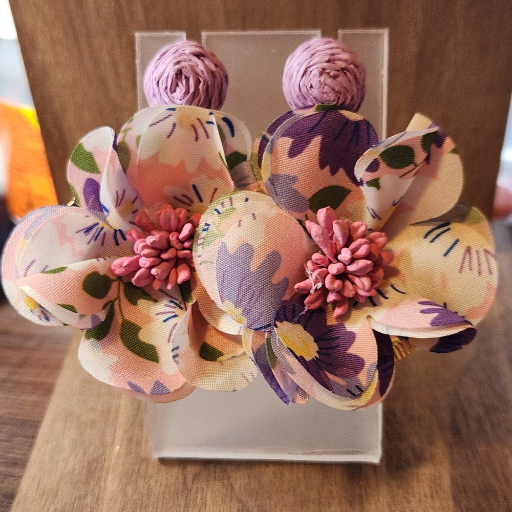 Pink Purple Floral Fabric Statement Earrings Gold Tone Post Back Garden Party